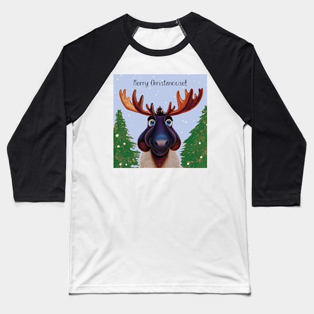 Merry Christmoose - Christmas Moose in the snow in blue and green Baseball T-Shirt by Geminiartstudio